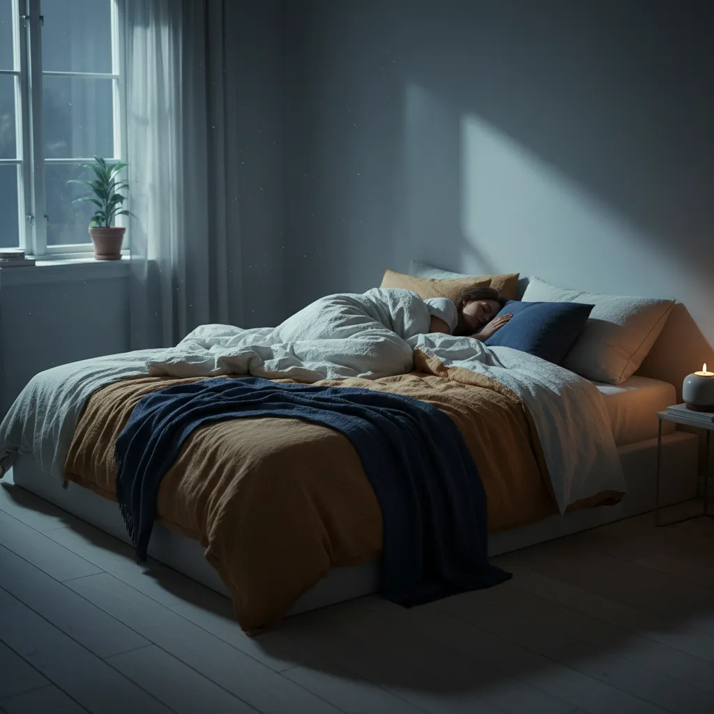 En person sover roligt set bagfra under en tyk dyne i et mørkt, køligt soveværelse med blødt måneskin